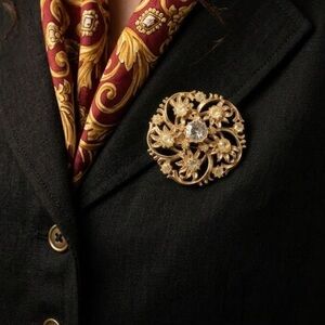 Gold Floral Crystal Brooch Pin for Women 1-3/4 inch diameter